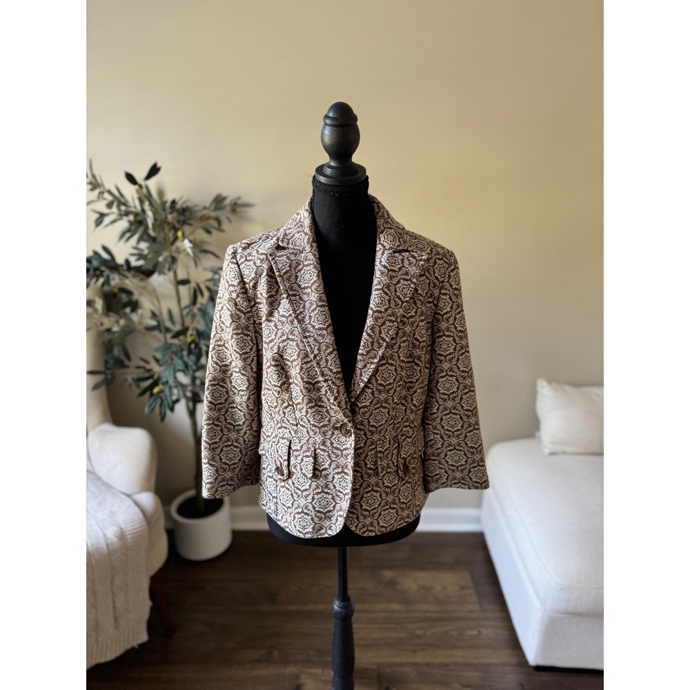 Worthington Brown Damask Jacquard Blazer Single Button 3/4 Sleeve Size 10